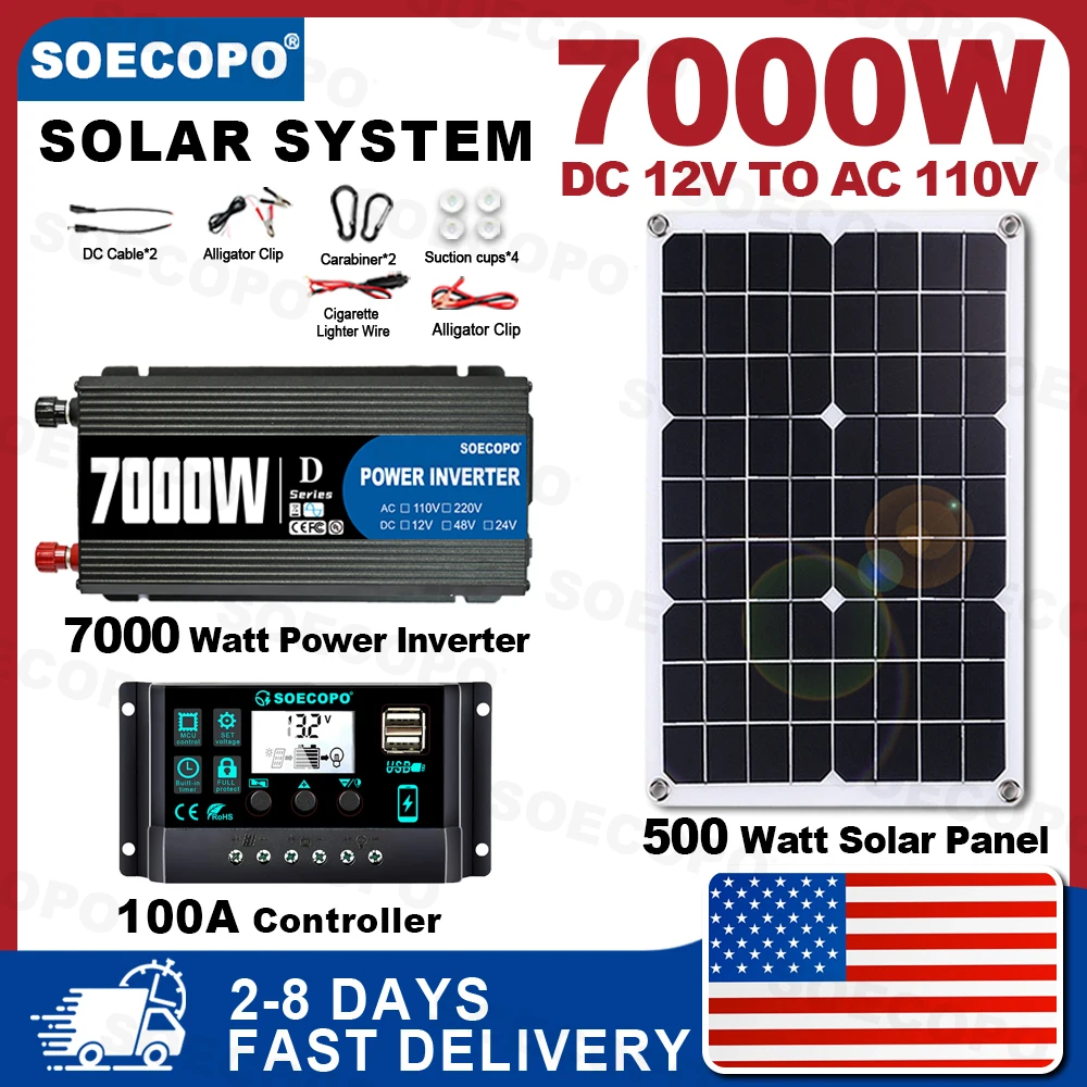 

(U.S Stock 2-8 Days) SOECOPO 7000W Solar System Kit 500W Panel & 100A Controller Dual Output 12V To 110V Inverter Camping Home