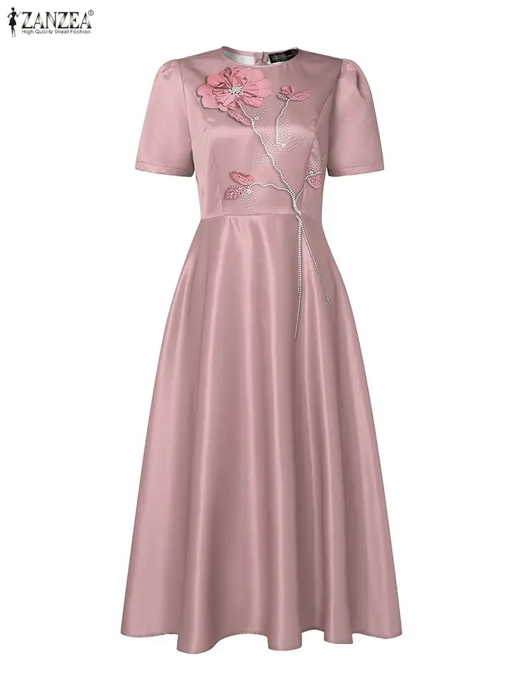 ZANZEA エレガントな女性パーティーミディドレス視覚的に 3D 花柄プリント A ラインドレス半袖フィットウエスト結婚式のゲストの服