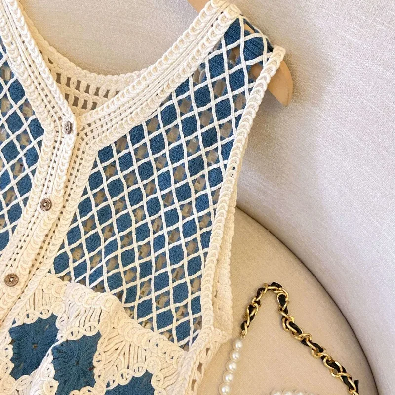 민족 스타일 다이아몬드 그리드 술 니트 조끼 여성 해변 휴가 속이 빈 민소매 카디건 남아시아 휴일 Jerkin