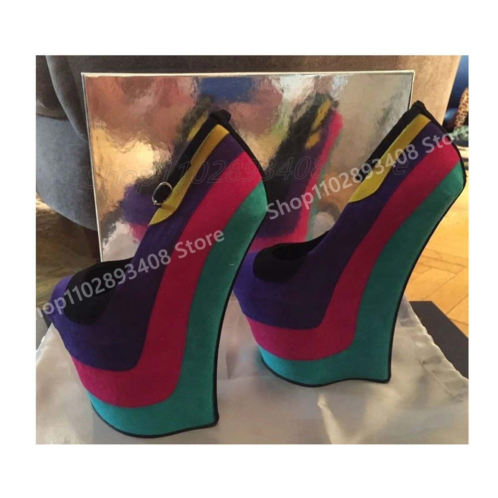 

Mutilcolor Suede Platform Ankle Buckle Pumps Strange Style Wedges High Heel Peep Toe Women Shoes 2025 Summer Zapatos Para Mujere