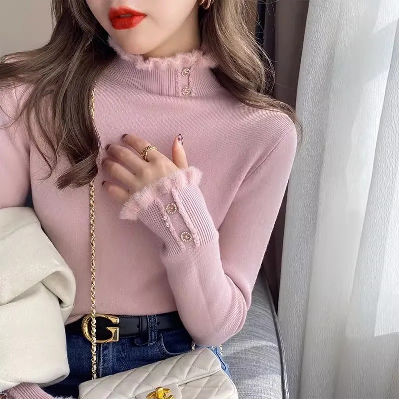 Zimowy ciepły sweter Pullover Women Slim Thicken Plush Velvet Lined Button Jumper Korean Half Turtleneck Poleras Soft Knit Tops