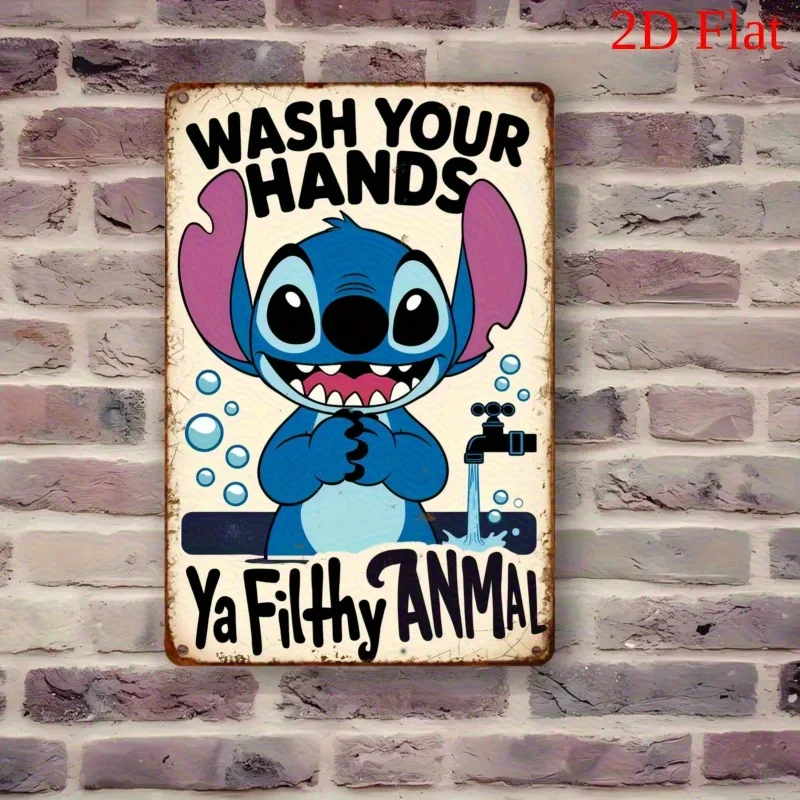ديزني 1 قطعة علامة حائط معدنية مرخصة رسميًا من ديزني ستيتش 8 × 12 بوصة (20 × 30 سم) ديكور حمام حديدي عتيق مع غسل يديك
