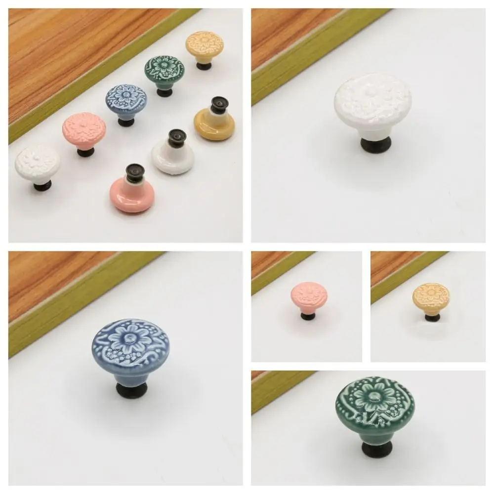 Vintage Single Hole เซรามิค Knob ดึงจับรอบลิ้นชักดอกไม้พื้นผิวลูกบิดประตูตู้