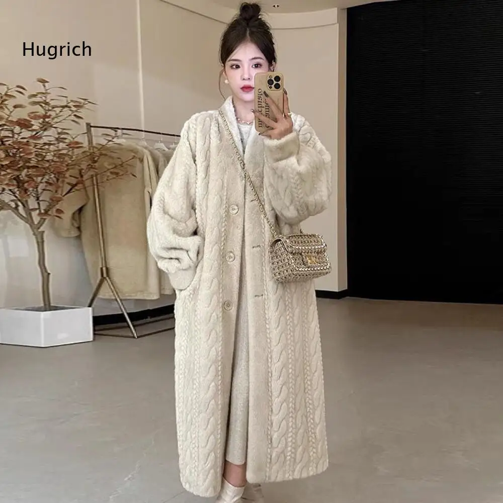 Autumn Winter Ladies Oversized Long Plush Outer Coat Cable Texture Single Breasted Loose Fit Warm Jacket For Daily Matching