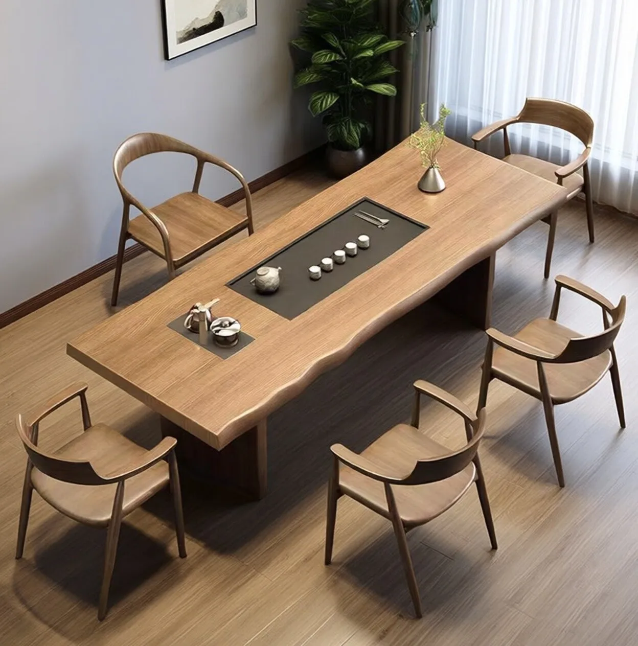 Solid wood tea table， tray integrated into the tea table and chair combination reception large board tea table