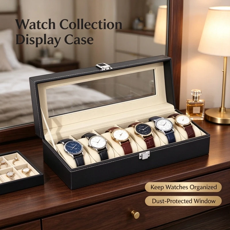 Stocking Stuffers PU Leather Watch Box, Transparent Lid Display Case with Soft Interior, Multi-Drawer Organizer for Watch & Jewe