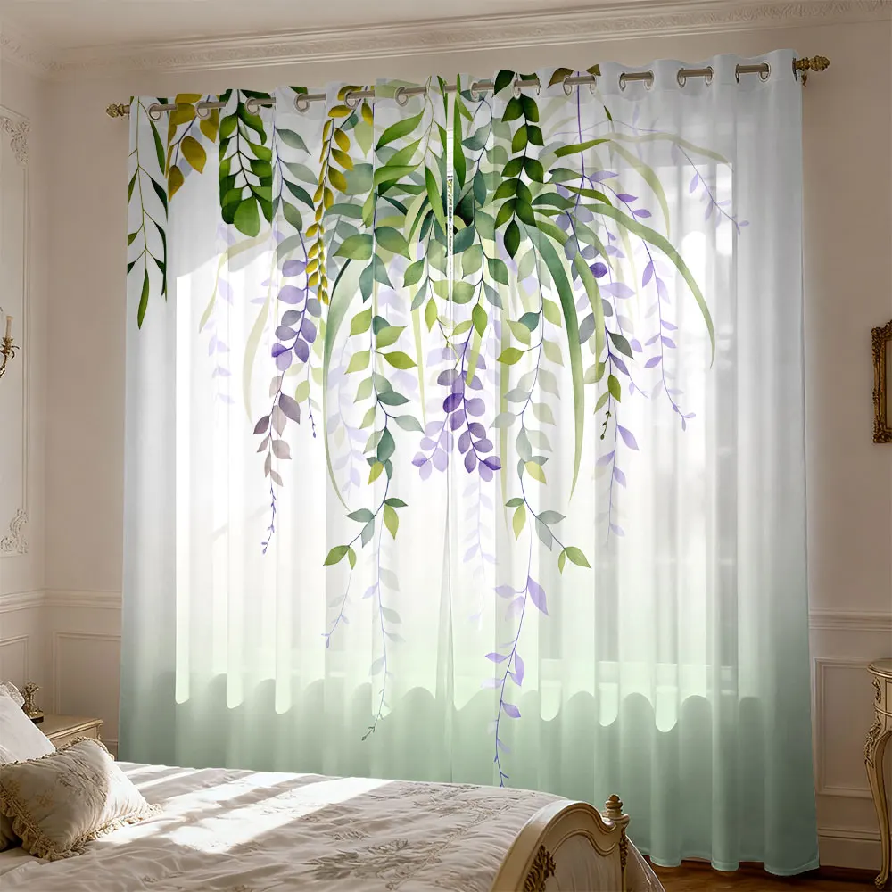 2PCS Watercolor Hanging Green Plant Eyelet Blackout Curtains Privacy Window Curtain Fashion Decor Living Room Bedroom