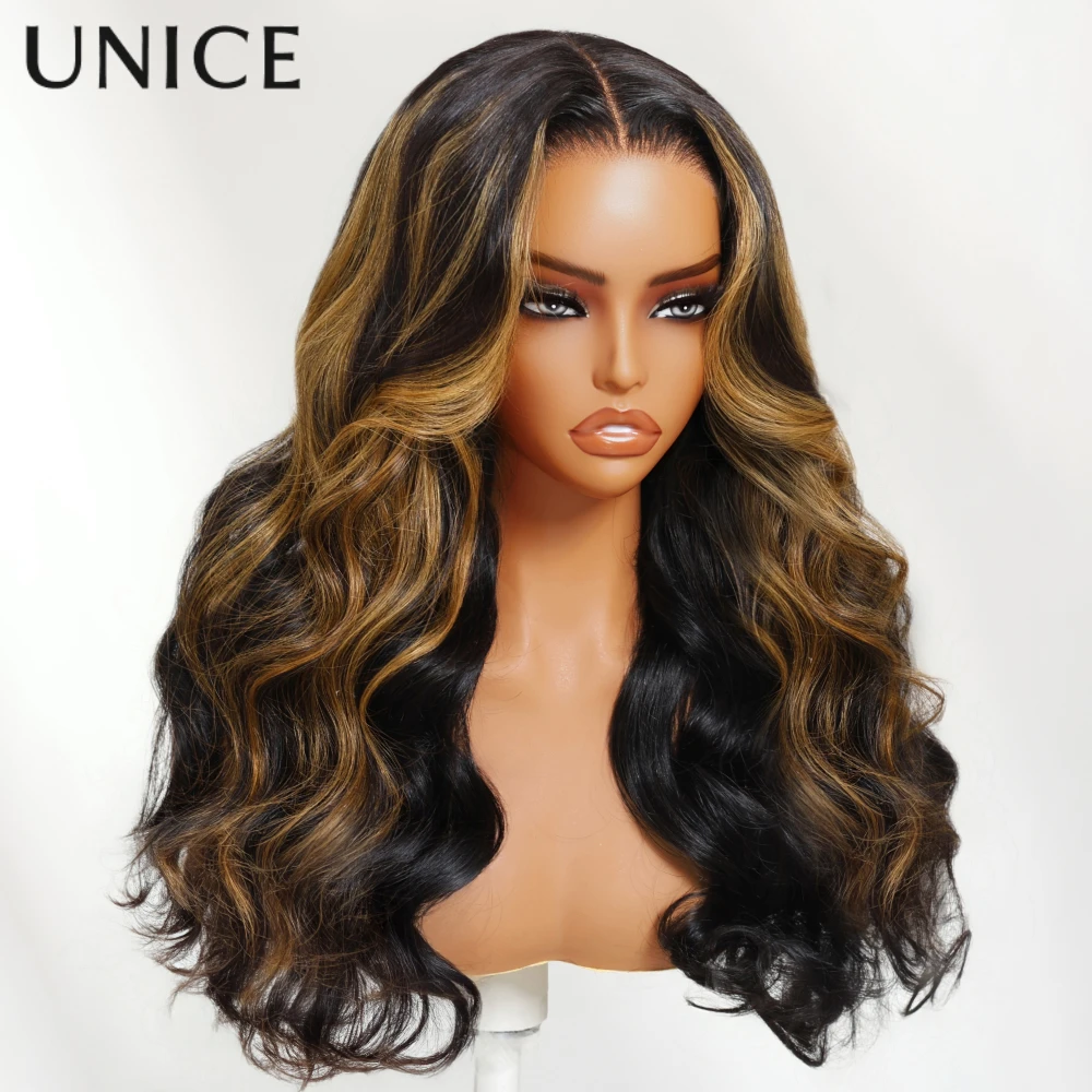 UNice Hair Bionda Caramello Evidenzia Parrucca Dell'onda Del Corpo 7x5 Pre Cut Pre Candeggiata Parrucca Glueless Capelli Umani Pronti Da Indossare Densità 150%