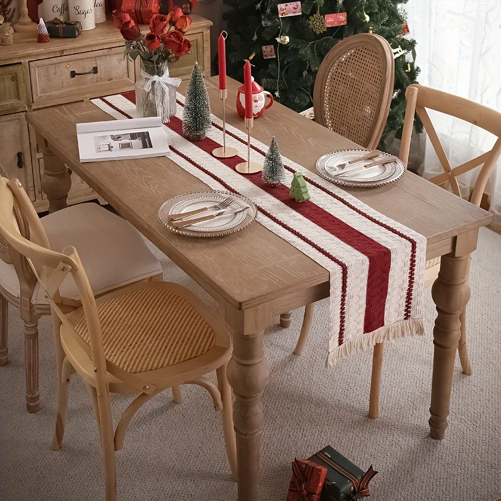 Practical Red Stripes Bohemian-Style Table Runner With Tassel Weaving Design Tablecloth Rectangular Non-slip Table Cover Party