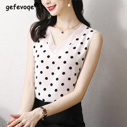 Women's Summer Korean Fashion Dot Print Sleeveless Blouse Office Lady Elegant V Neck Mesh Patchwork Shirt Casual Slim Tank Tops