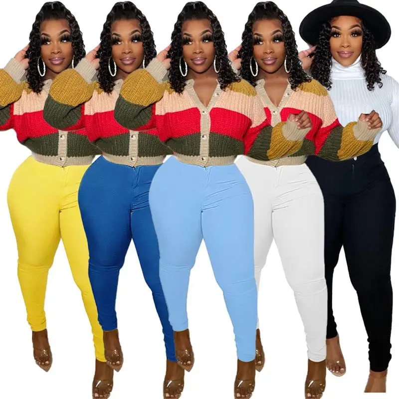 

New 204 Women's High Waist Pure Color Slim Fit High Elastic Denim Jeans Cross-Border Faionable Casual Long Pants