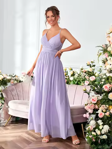 Mgiacy V-neck chiffon pleated elegant drop back halter Dress Evening Gown Ball dress Party dress Bridesmaid dress