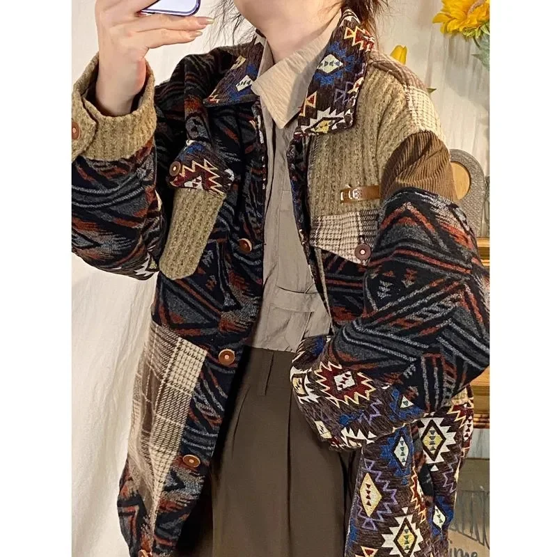 Giacca stile etnico patchwork di marca American Retro Loose Fit Giacca stile vintage giapponese per coppie in primavera e autunno 2025