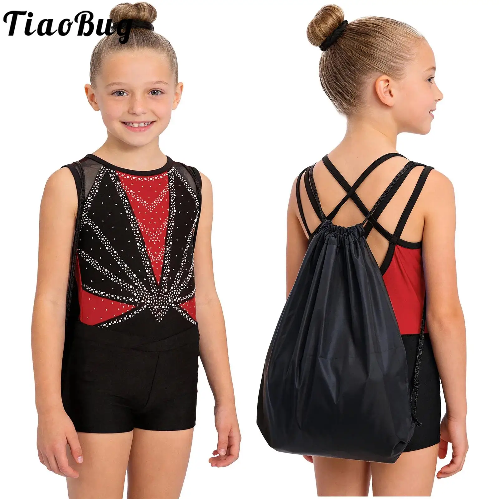Ärmelloses, glänzendes Strass-Ballett-Tanztrikot für Mädchen mit Shorts und Rucksack für Eiskunstlauf, Gymnastik und akrobatisches Training