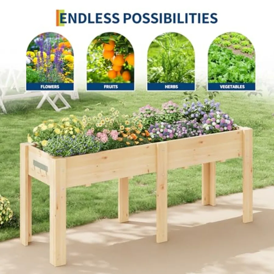 Elevated Wood Raised Garden Bed Planter Box for outdoor gardening, natural pine wood, unfinished light brown, rust-resistant st