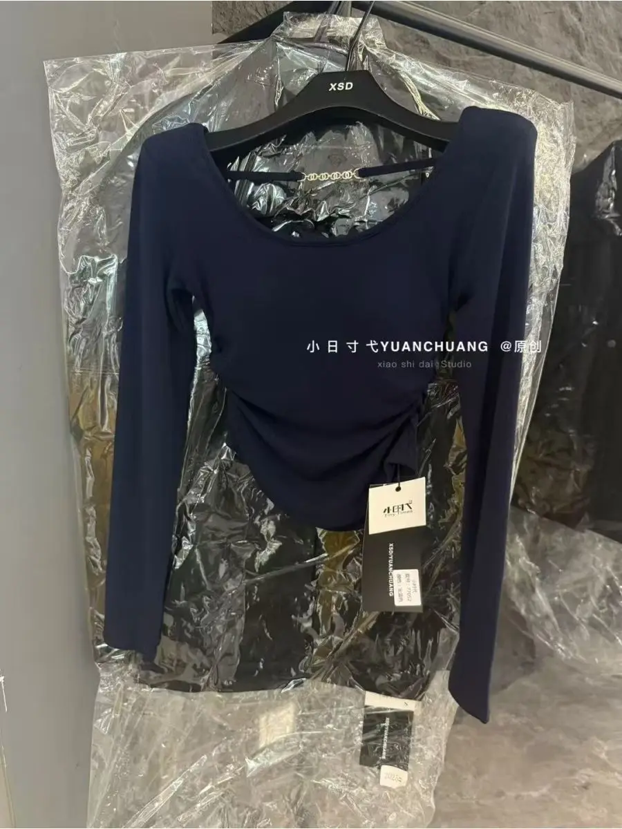 Damskie seksowne koszulki z długim rękawem i odkrytymi plecami, z poduszkami na ramionach, jesienne, jednolite bluzki z okrągłym dekoltem, obcisłe, podstawowe koszulki w stylu \"hot sweet\" od SY'sYouthfully.