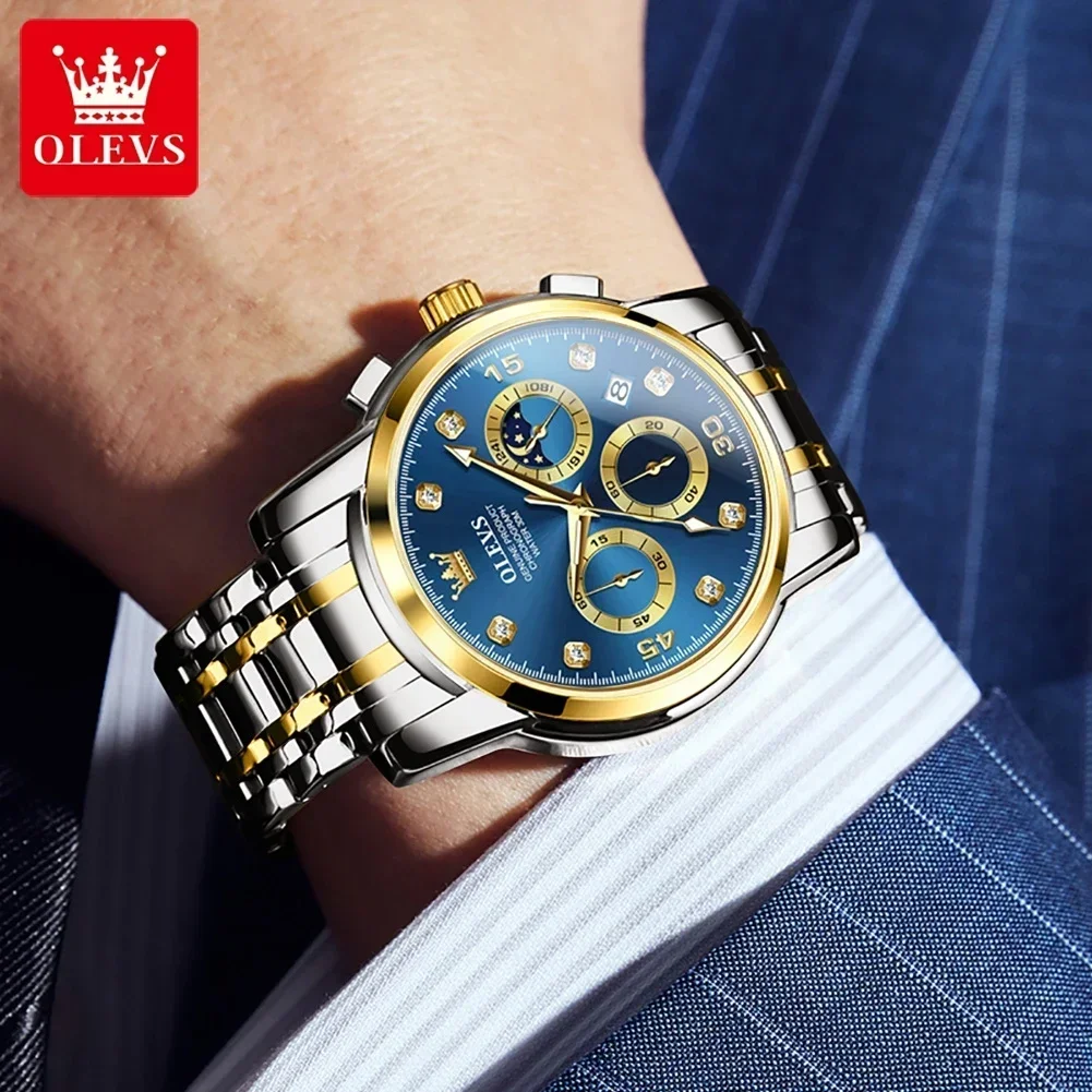 OLEVS 2889 Orologi da uomo al quarzo Fasi lunari Orologio da uomo impermeabile in acciaio inossidabile Cronografo da lavoro classico Orologio da polso luminoso