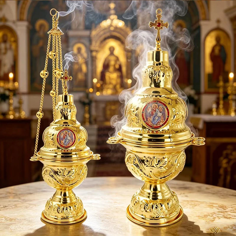 

Gold Plated Orthodox Hanging Incense Burner with Bells and Enamel Cross Icon for Church Altar Liturgical Religious Service Decor