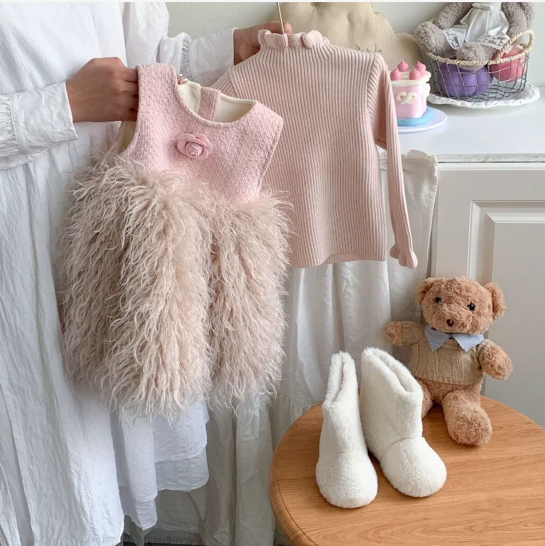 New Baby Girls Winter Boutique Fashion Sets Top + Pink Vest Tassel Dress Princess Fashion Suits 2-7T