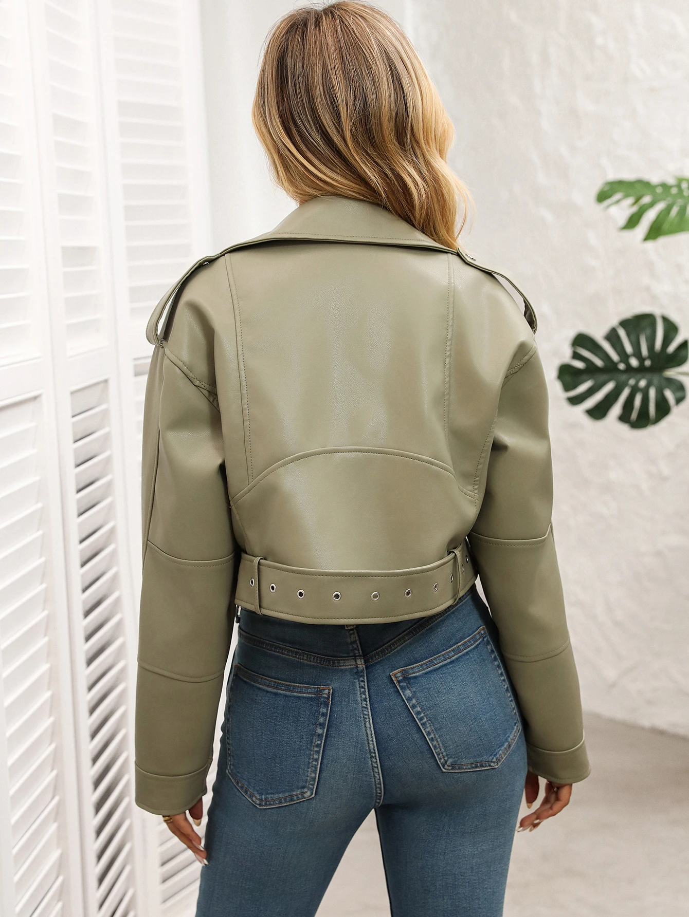 Fitaylor Women Faux Leather Jacket Lady Lapel Motorcycle Leather Outwear Casual Light Green Coat