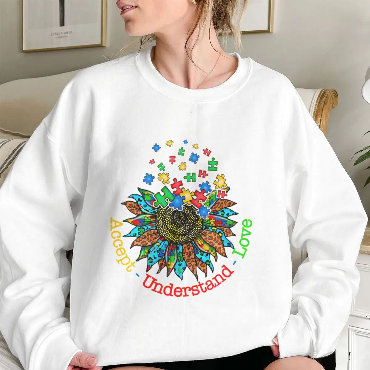 Autism Support Long Sleeve Sweater Leopard Sunflower Love Graphic Sweatshirts Accept Understand Love Autism Awareness Clothes