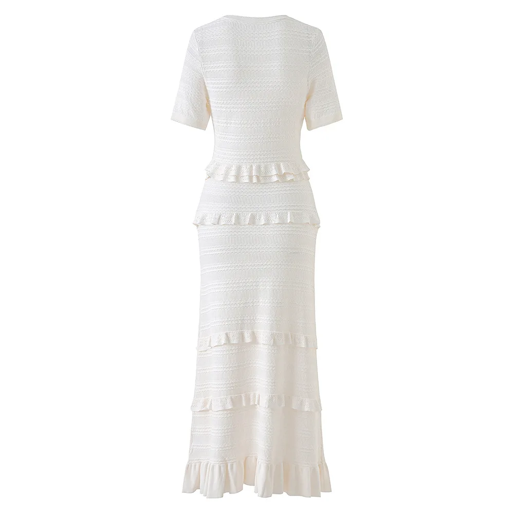 Saia personalizada de manga curta com decote redondo e bordas com babados elegante vestido de malha com cintura