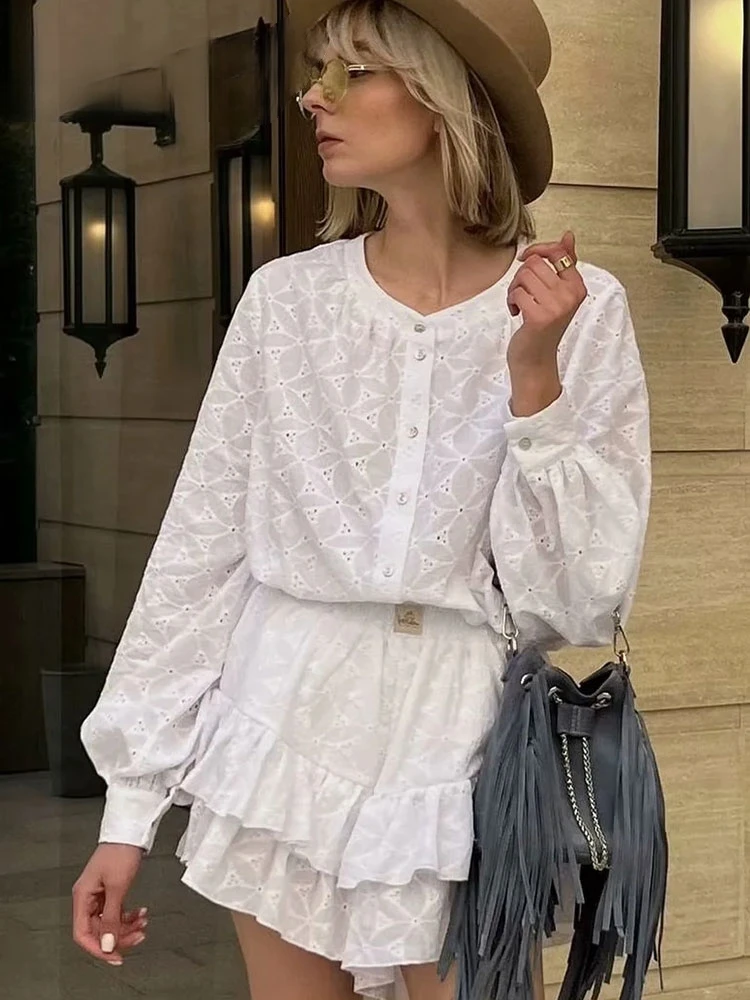 Spring Women Vintage Single Breasted White Lace Women Shorts Sets Long Sleeve Casual Party 2 Piece Set Femme Suit 3