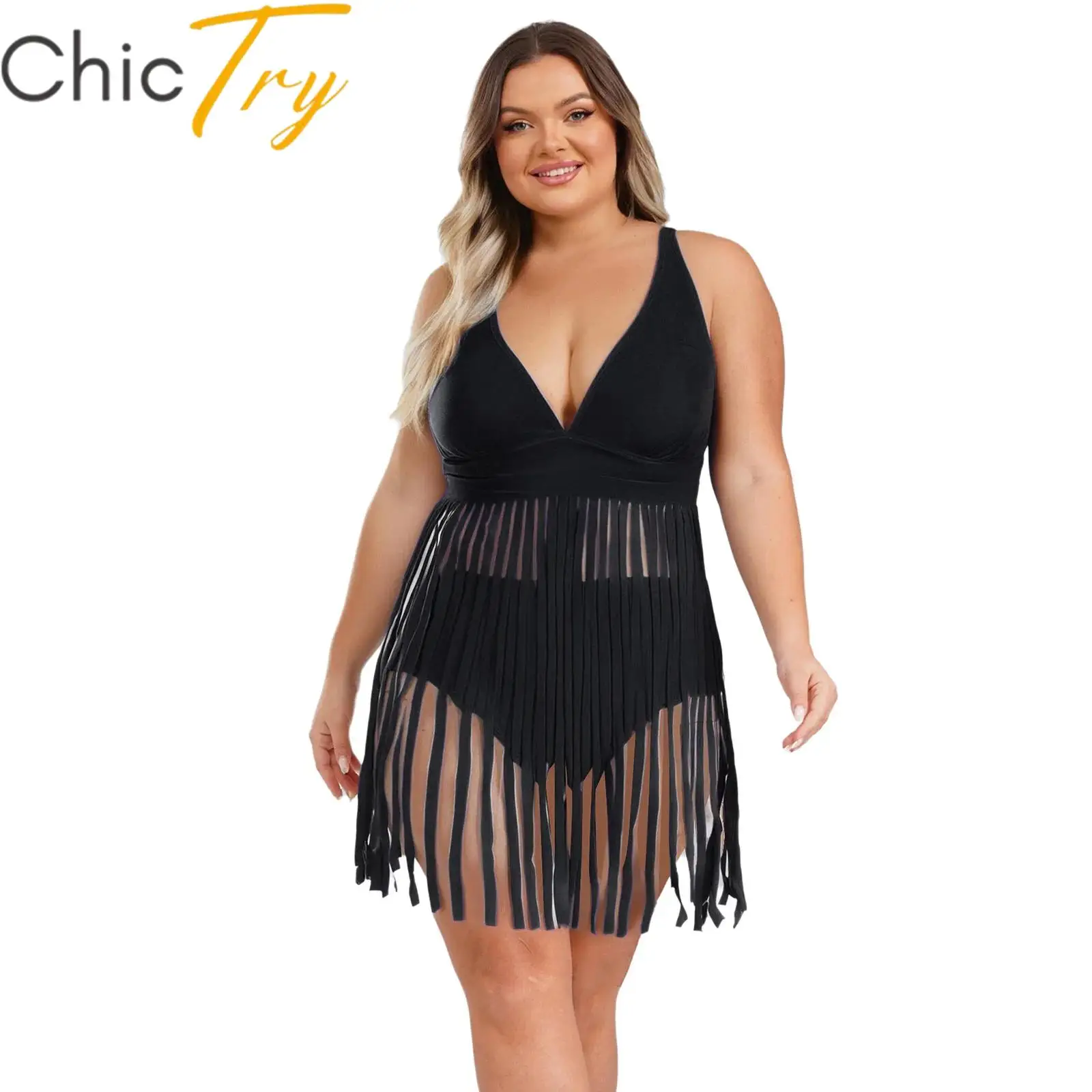 Womens 2 Pieces Swimsuit Fringe Hem Swim Outfits Tops with High Waist Bikini Bottoms Tummy Control Beach Bathing Suits Swimwear