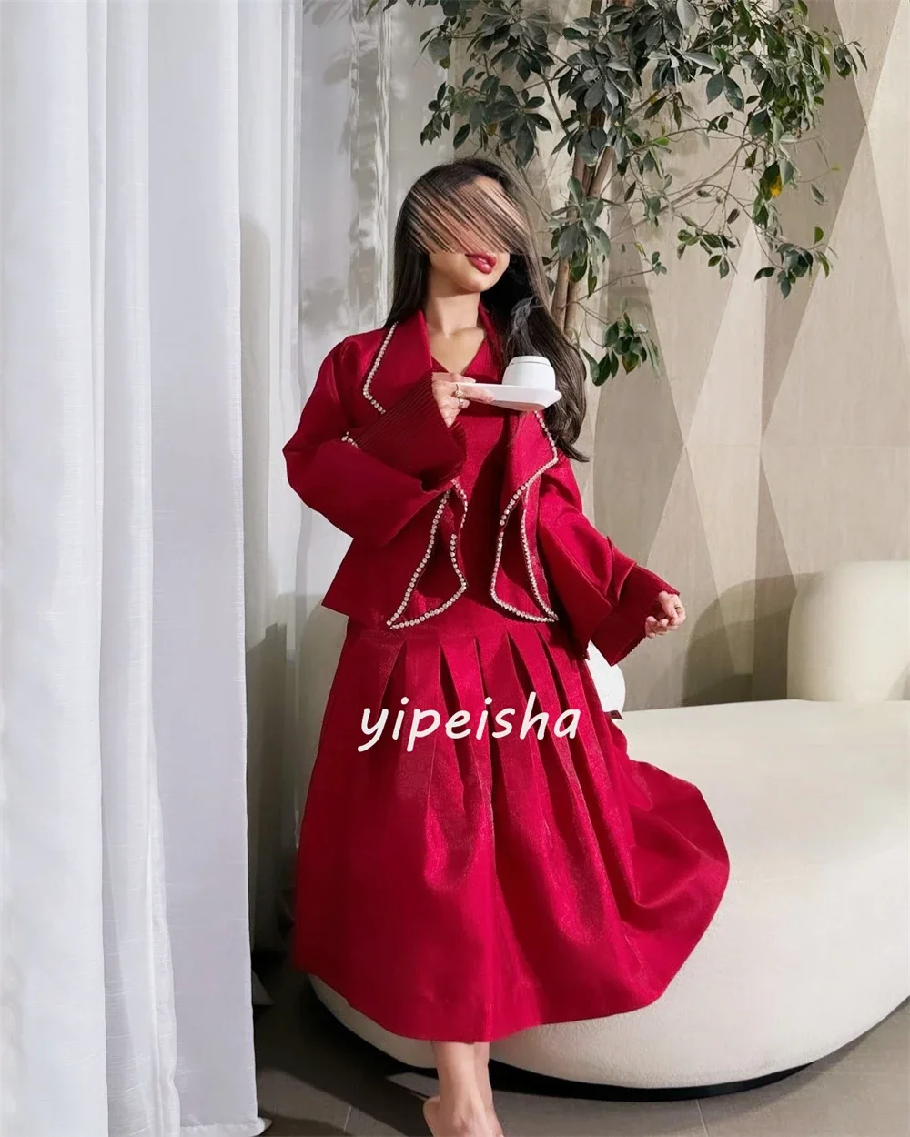 Customized Satin Sequined Ruched Party A-line V-neck Bespoke Occasion Gown Midi Dresses image 2