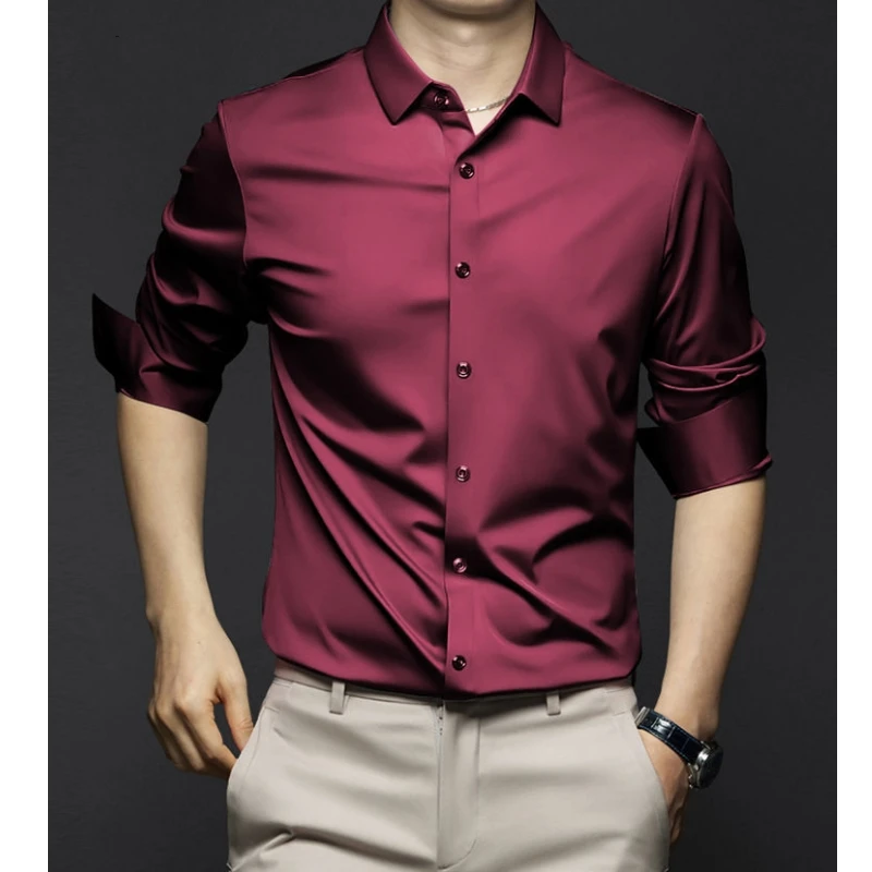 Camisa masculina de seda gelo manga longa, blusa empresarial, resistente a rugas, sem ferro, roupa sólida, luxuoso, novo, primavera, verão, 2022