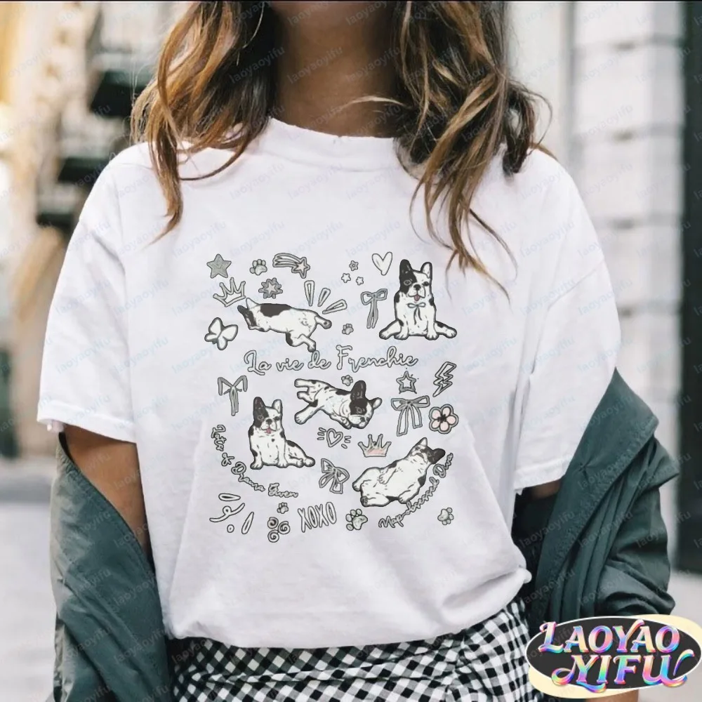 Doodle Bulldog Dog Graphic Shirt for Men Womens  Frenchie Mom Gift Y2k Harajuku Kawaii Clothes Summer Casual Fashion Streetwear