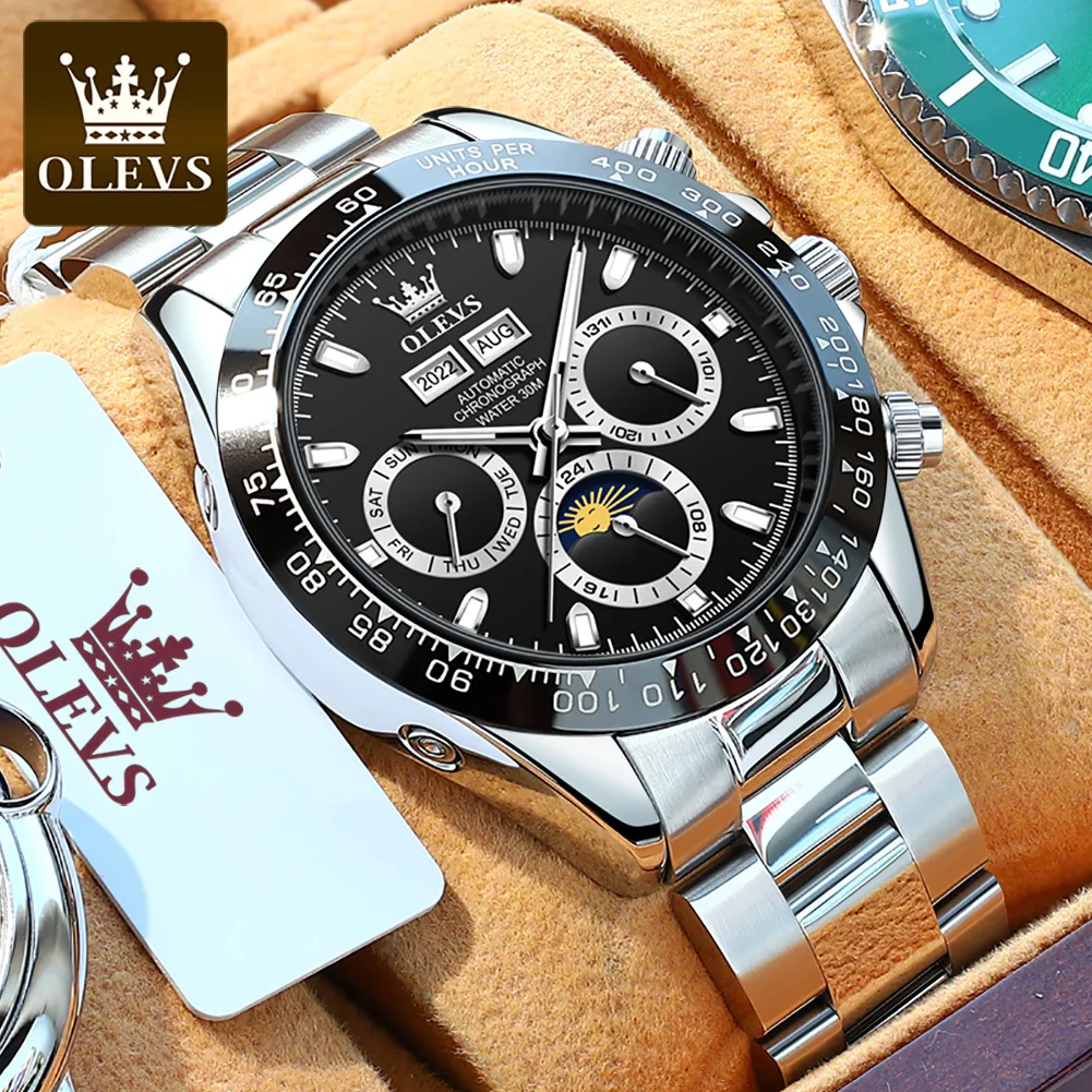 

OLEVS Luxury Men's Watches Classic Fashion Three Dial Calendar Moon Phase Original Automatic Mechanical Wristwatch Waterproof
