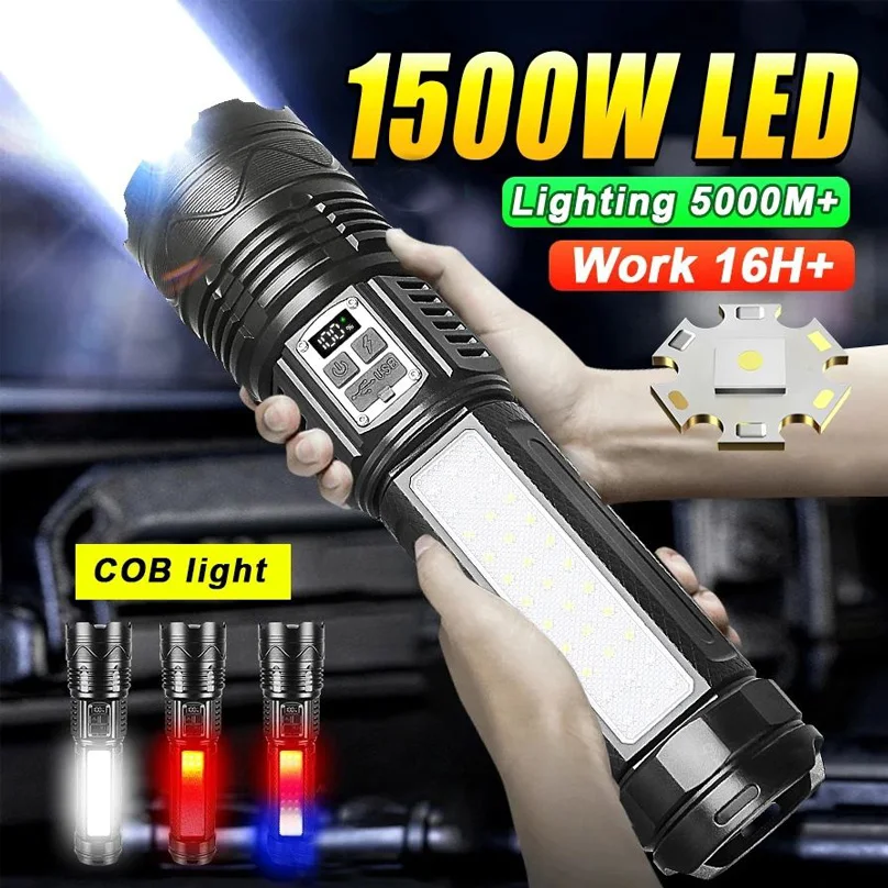 1500W High Power Led Flashlights Built-in 15000mah Battery Tactical Flashlight Emergency Spotlight Most Powerful Lantern