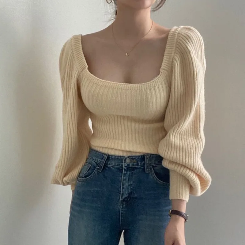 

Chic Spring Autumn Square Collar Bubble Sve Slim Fit Pure Color Knitted Sweater Women's Faion Ele Sle Long Sve ...