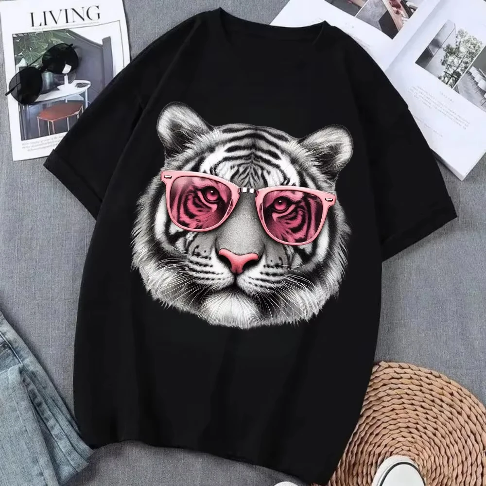 Unisex Cool Wild Animal T‑Shirt Tiger Leopard Sunglasses Graphic Crewneck Short Sleeve Casual Streetwear Trendy Daily Tee Top
