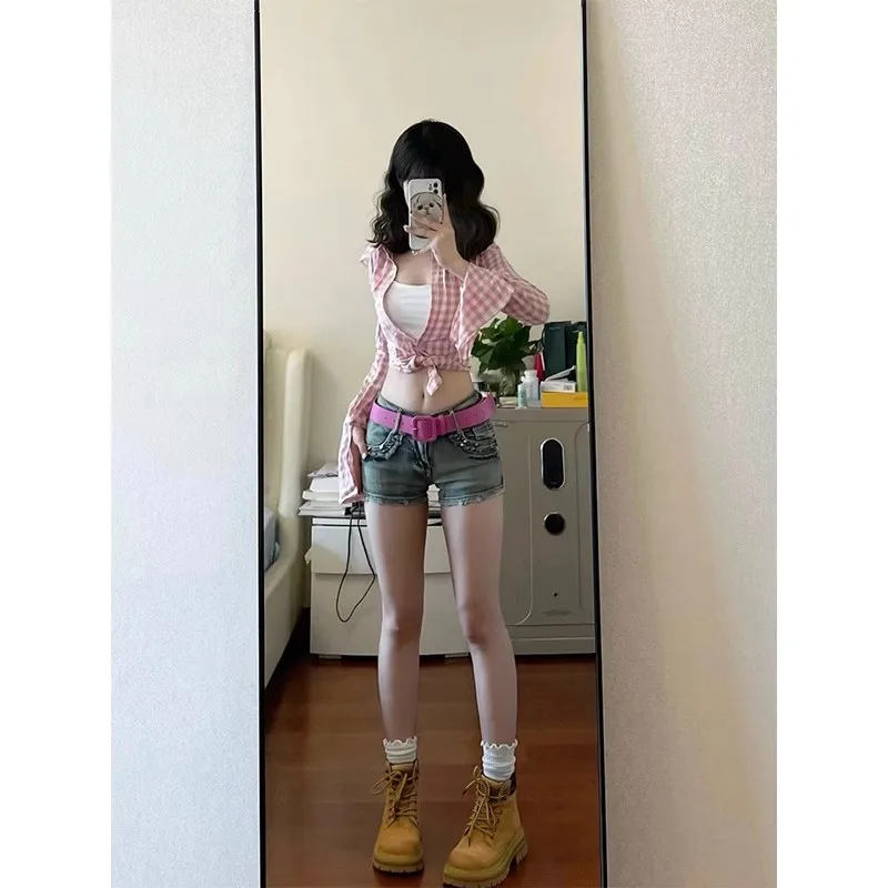 American Retro Distressed Straight Leg Jeans Shorts Women Summer High Street Sexy Low Waist Slim Fit Ultra Short Hot Pants
