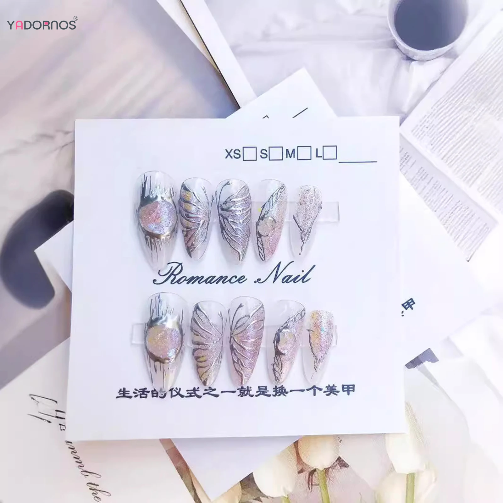 Kuku palsu buatan tangan, 10 buah kuku palsu buatan tangan dengan desain kupu-kupu perak, logam berat Almond, tekan pada kuku Glossy, kuku palsu yang dapat dipakai untuk wanita