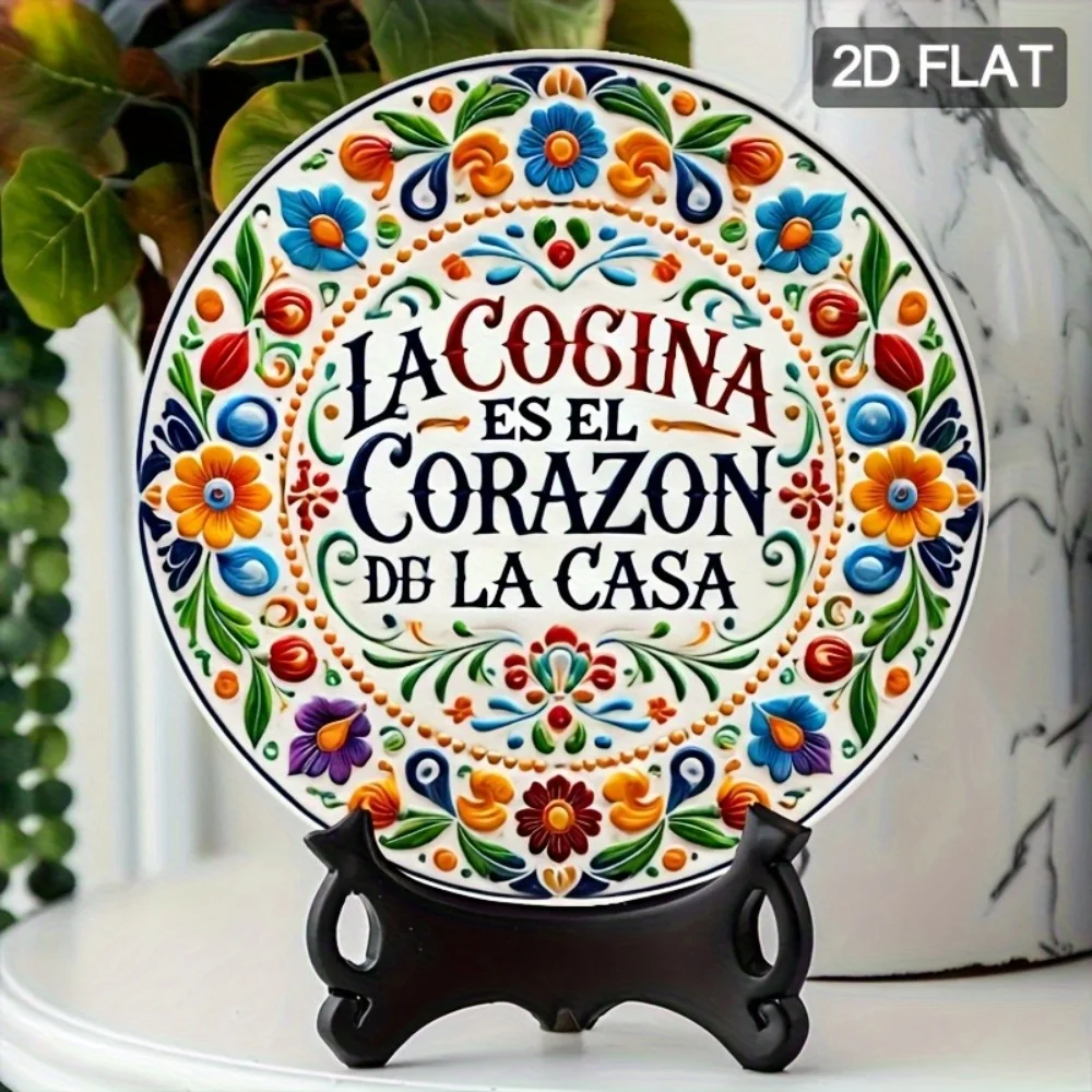1pc 2D FLAT Colorful Floral Spanish Metal Tin Sign, Mexican 8*8Inches Round Outdoor Indoor Aluminum Wall Art Hanging - 2D Flat