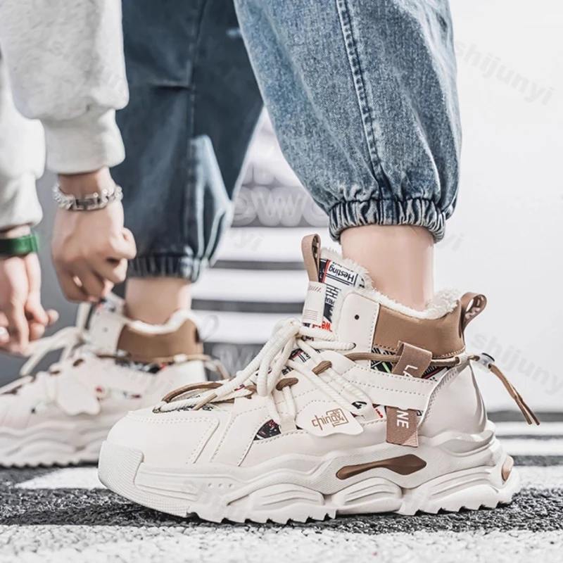 

High Top Men's Shoes Winter 2025 New Fashion Plush Thicken Warm Cotton Shoes Comfortable Height Increase Lace Up Casual Sneakers