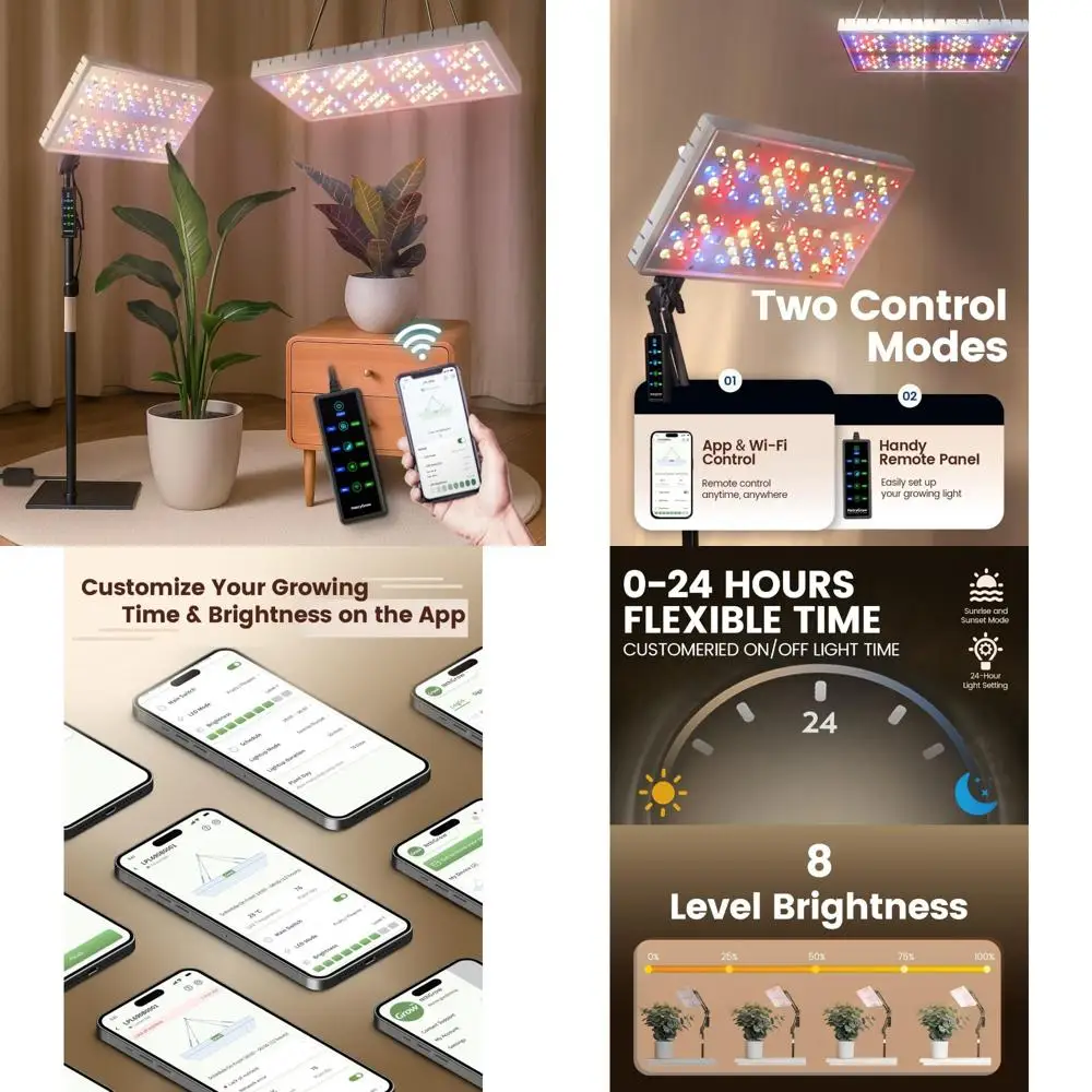 مصابيح LED كاملة الطيف للنمو للنباتات الداخلية - قائمة/معلقة بقدرة 48 وات، تغطية 2 × 2 قدم، تحكم ذكي في التطبيقات، ضوء موسع