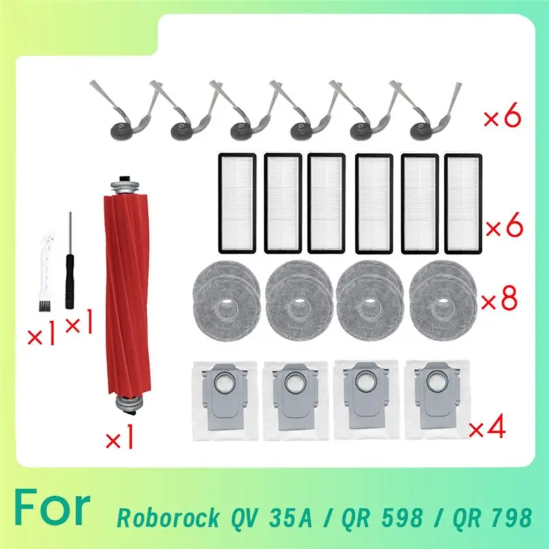 

A97T 27 PCS For Roborock QV 35A / QR 798/ QR 598 Robot Vacuum Main Side Brush Mop Filter Dust Bags Durable & Easy To Install