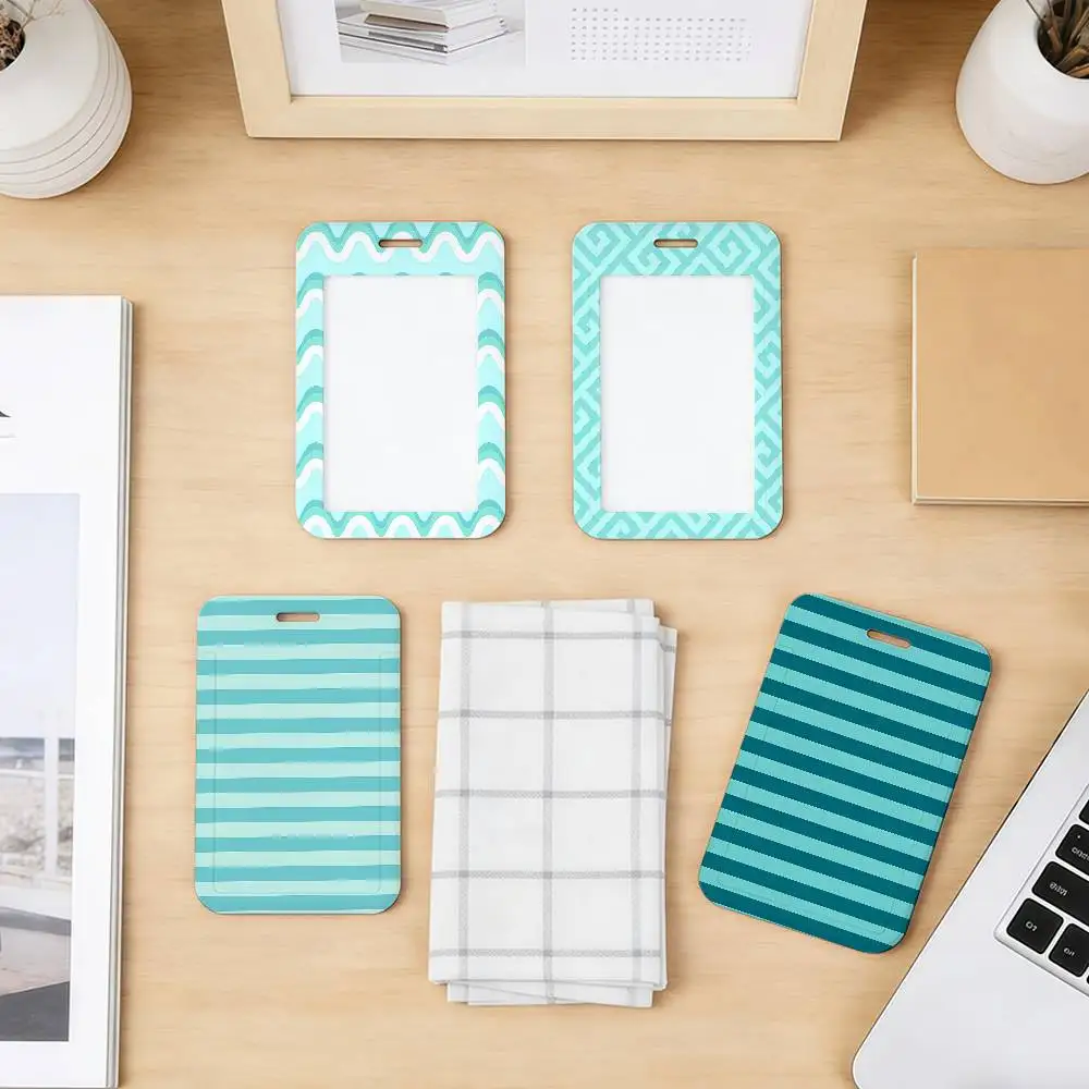 Classic Teal Blue Stripes Fashion Modern Sliding Card Case ID Name Badge Holder Pass Work Card Cover Students Card Bus Holder
