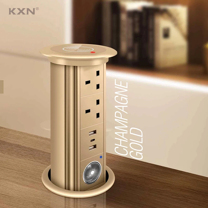 New Design UK Standard Smart Electrical Motorized Pop up Socket with Bluetooth Speaker Wireless Charging Lifting Tower Soc