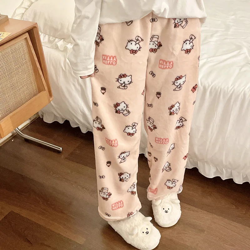 

Hello Kitty Cinnamoroll Plush Sleep Pants with Kawaii Print, Soft Flannel Lounge Pajama Bottoms for Women, Cozy Home Wear​