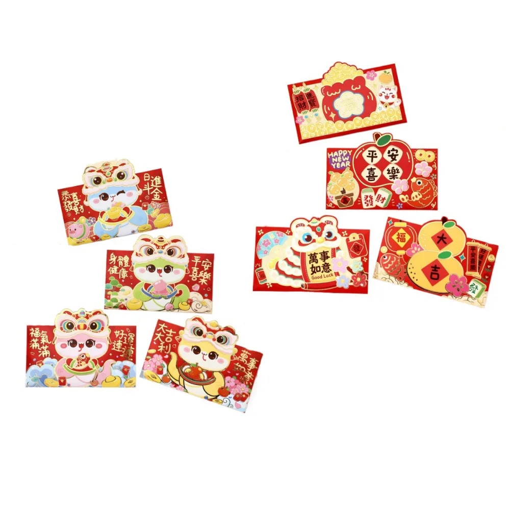 Sobre rojo chino de 2025, 8 Uds., mejores deseos, bendición, paquete rojo de Año Nuevo 3D, dibujos animados HongBao, bolsillos rojos de la suerte, bende