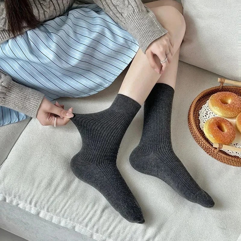 

Women's Woolen Mid-calf Socks Pure Color Creamy Stripe Simple Design Autumn Winter Japanese Style Home Comfort Stockings