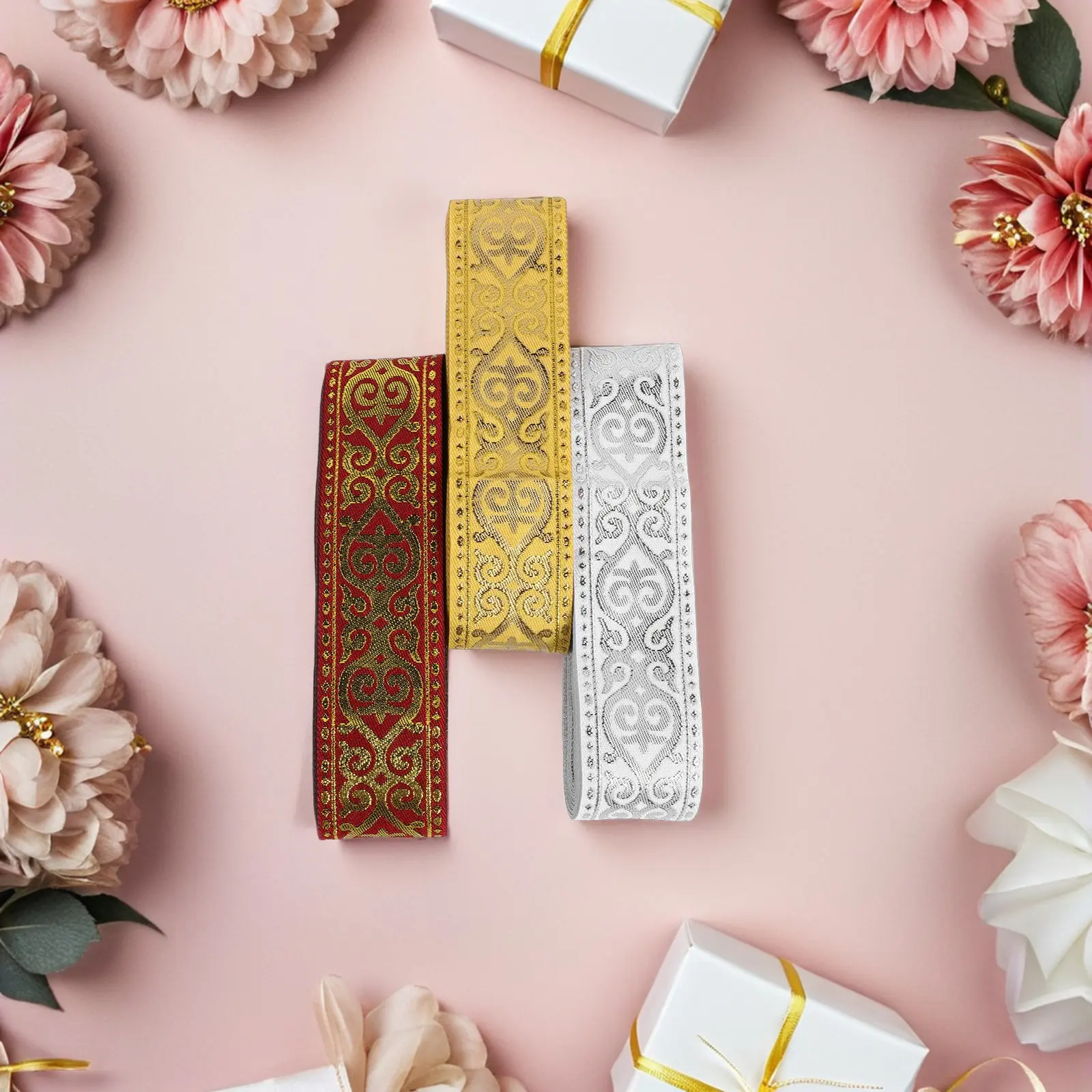 

3Pcs Embroidery Floral Trim Tape Gold Lace Edge Ethnic Sewing Decorative Applique for Dress Skirt Waistband Gold Trim