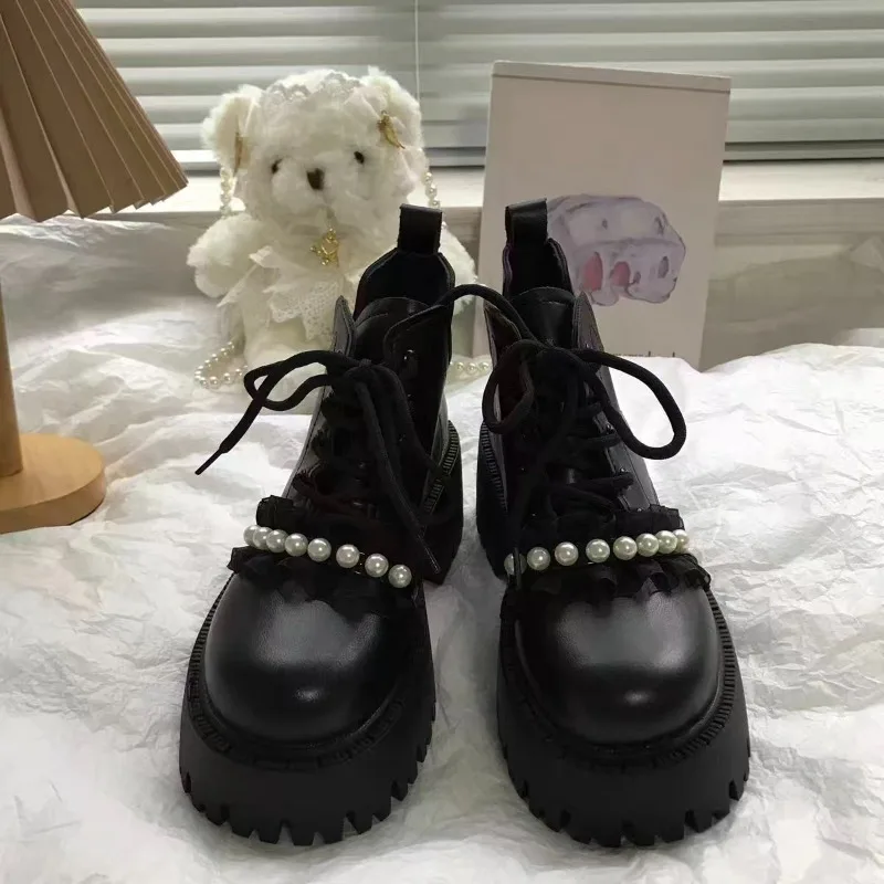 

New Women's Pu Leather Ankle Boots Women Autumn Winter Round Toe Lace Up Shoes Woman Motorcycle Platform Botas Gothic Shoes