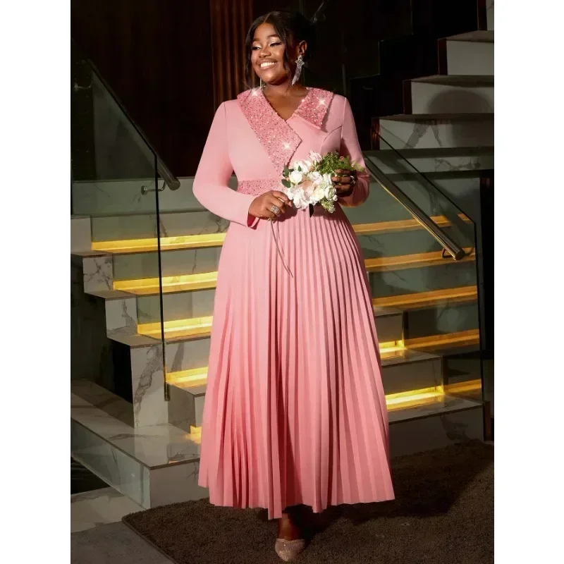 Klassisches rosafarbenes Maxi-Plisseekleid für Damen, unregelmäßiger Glitzer-Ausschnitt, hohe Taille, A-Linien-Kleider, formelle Veranstaltungsanlässe, Kirchenkleider