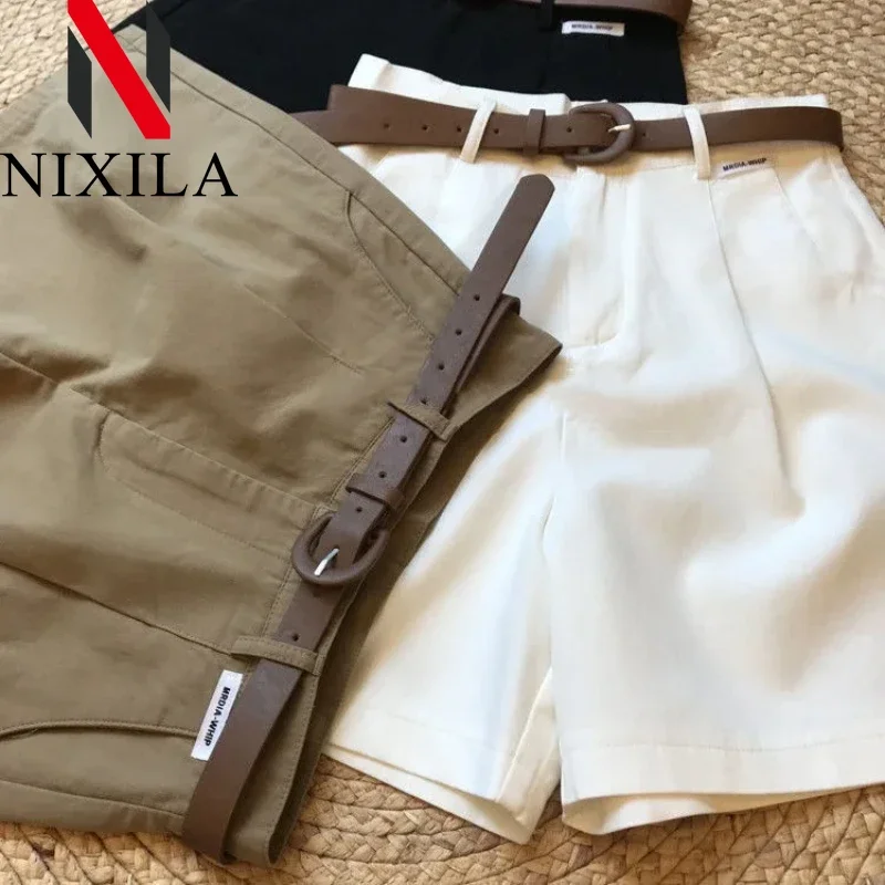 Novedad de verano, pantalones cortos de pierna ancha para mujer, pantalones cortos de corte A de algodón fino 2024, pantalones cortos clásicos holgados informales con cremallera para mujer para oficina